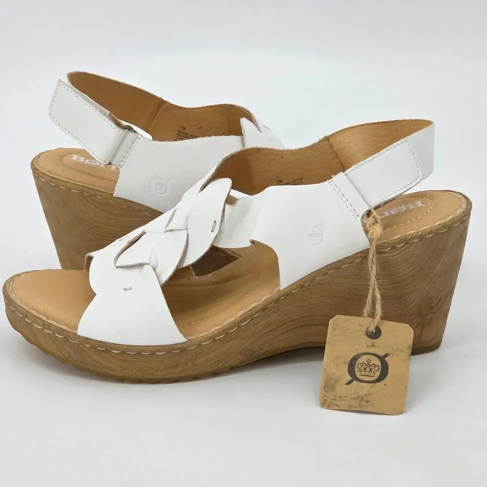 Born Nina Leather Wedge Sandals Womens Size 11 White Boho Neutral Summer Granny